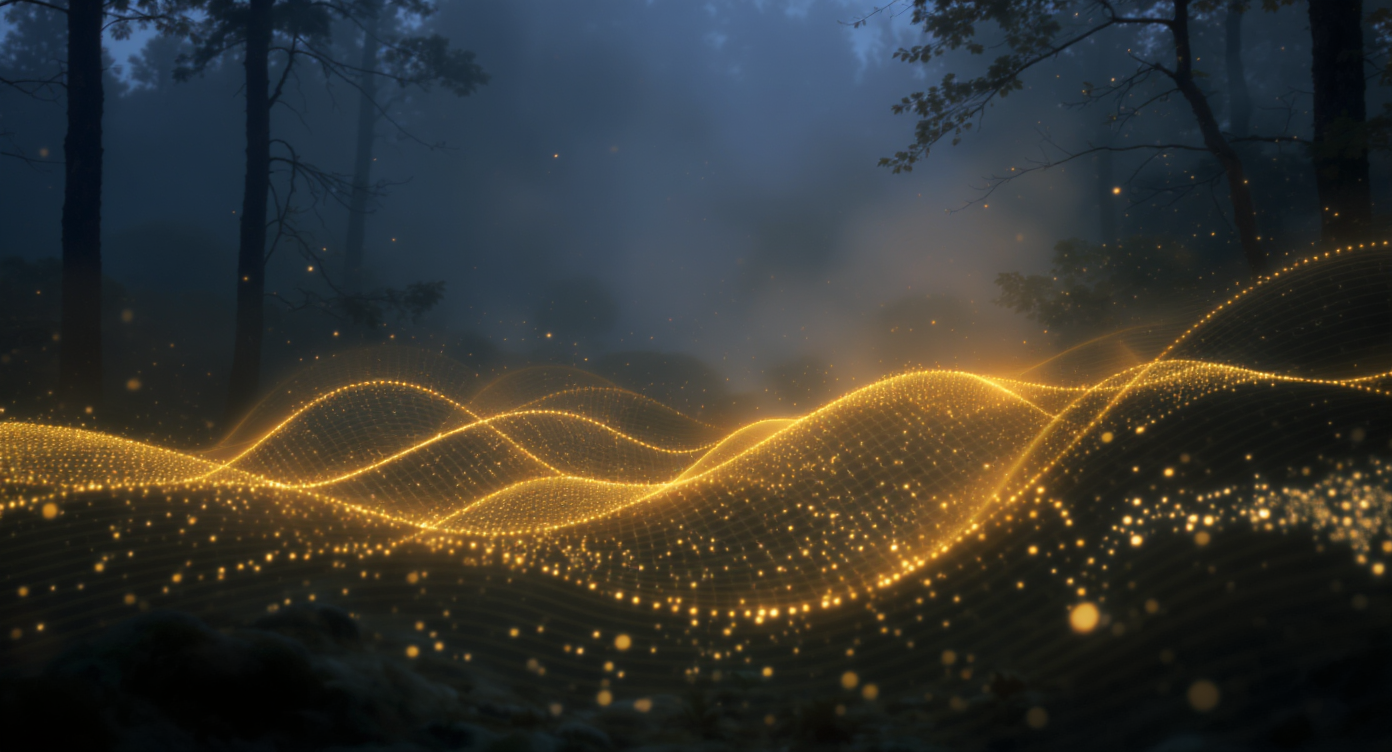 Onde lumineuse dorée traversant un espace sombre et brumeux, illustrant la création d’univers sonores avec intelligence artificielle.