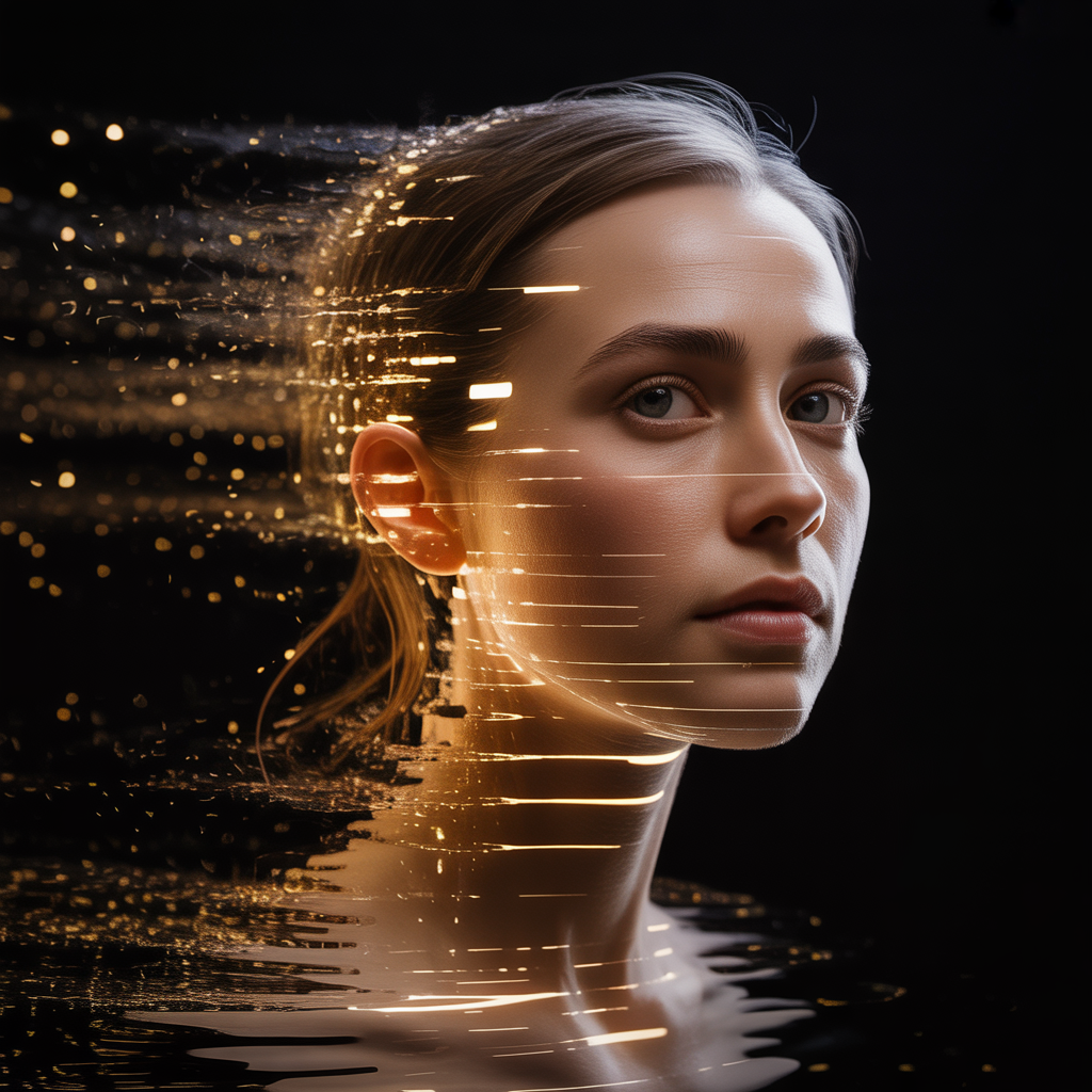 Portrait artistique d’une femme partiellement dissolue dans des particules dorées, illustrant la création visuelle par intelligence artificielle.