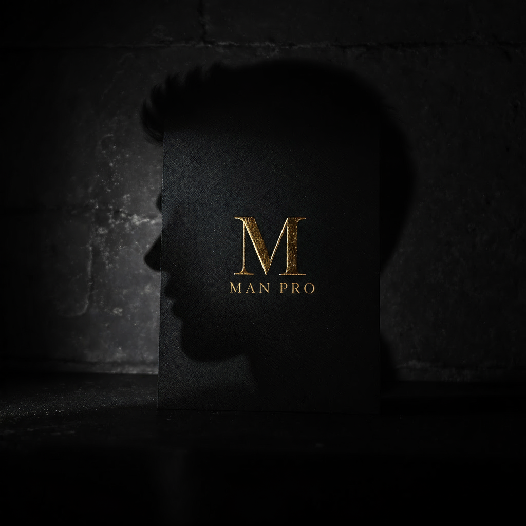 Carte de visite noire avec logo doré “M Man Pro” éclairée par une silhouette masculine, symbolisant l’élégance et la conception d’identité visuelle.