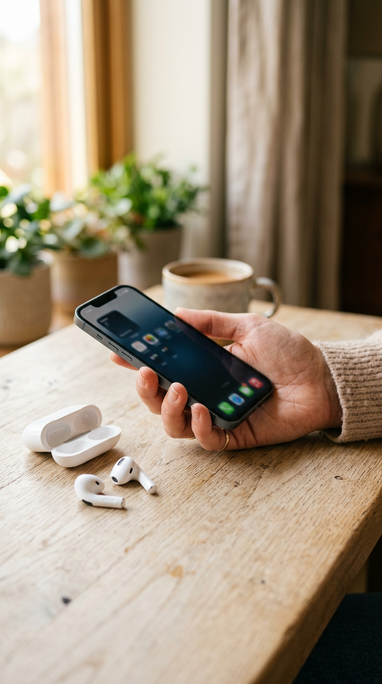 Personne qui écoute de la musique sur son smartphone avec des écouteurs, scène du quotidien