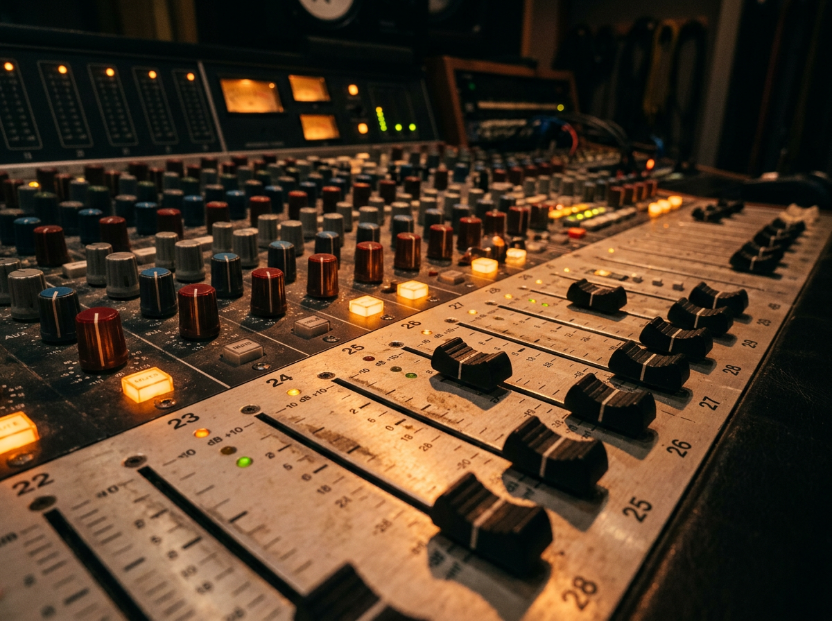 Console de mixage audio avec boutons et potentiomètres éclairés, ambiance studio