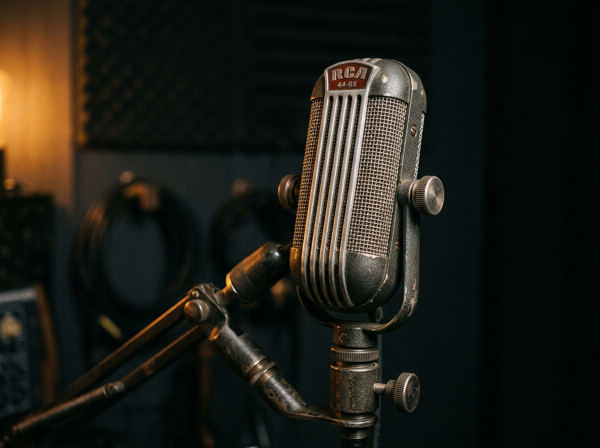 Microphone vintage RCA 44-BX sur pied de studio, panneau acoustique et éclairage chaud en arrière-plan