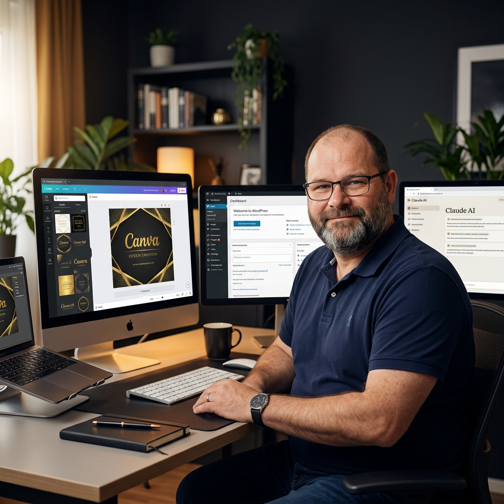 Jérôme Luquiens avec ses outils IA : Claude, Freepik, Canva, sur son setup de travail