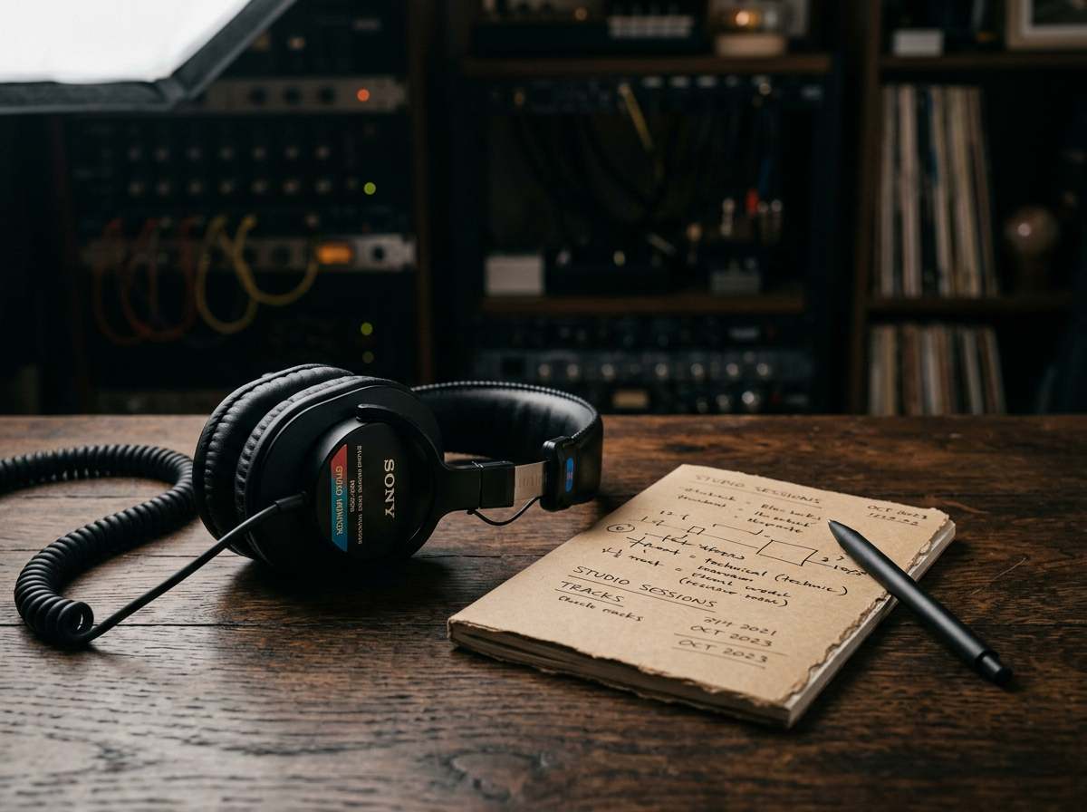 Console de mixage audio avec boutons et potentiomètres éclairés, ambiance studio