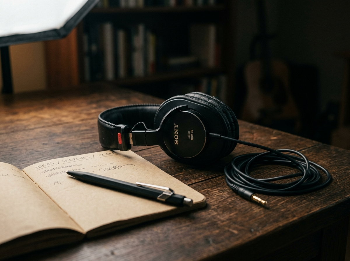 asque audio studio posé sur un carnet, illustration de l'écoute et du travail sur le son