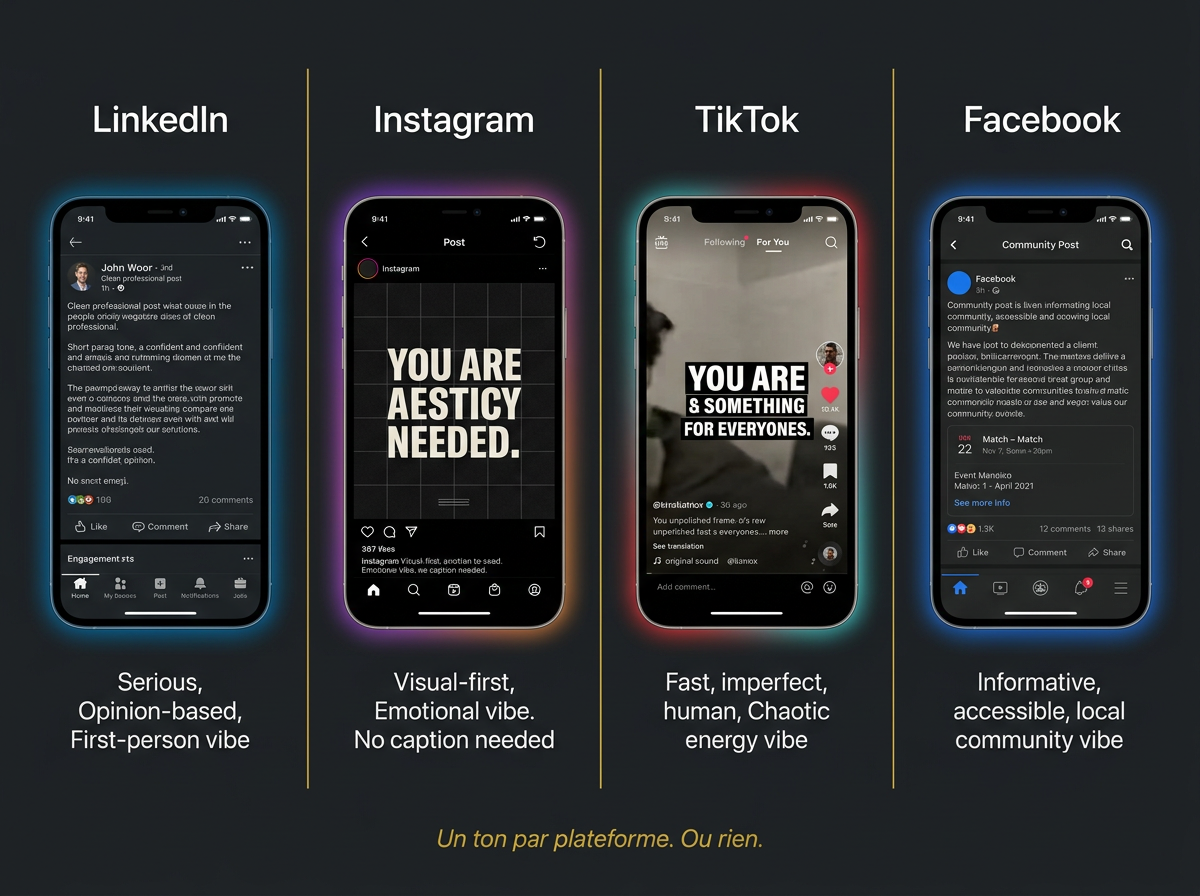 Comparaison du ton de communication sur LinkedIn Instagram Facebook et TikTok pour une stratégie par plateforme